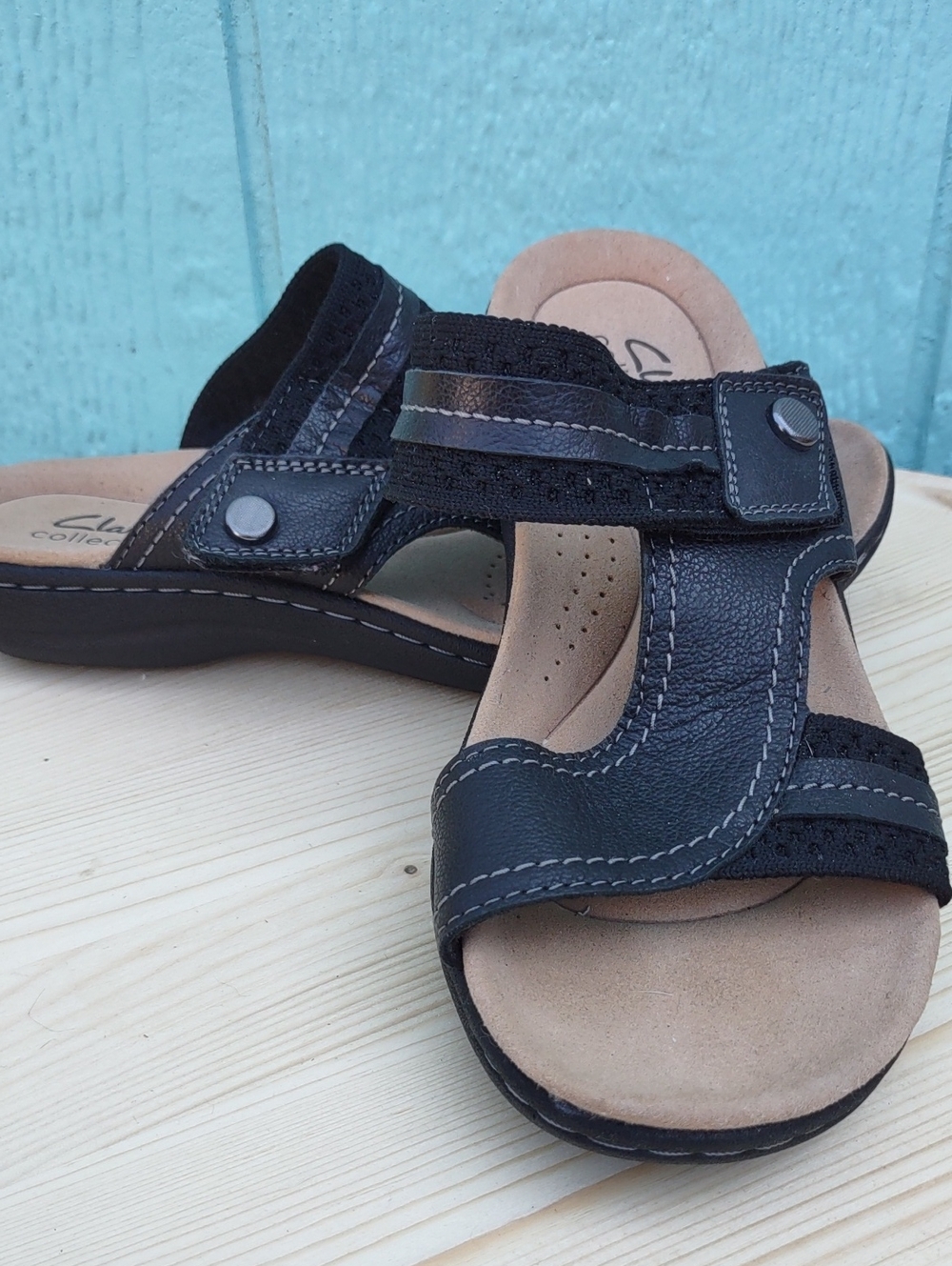 Clarks Black Leather Adjustable Slide Sandals 6 1/2 M
